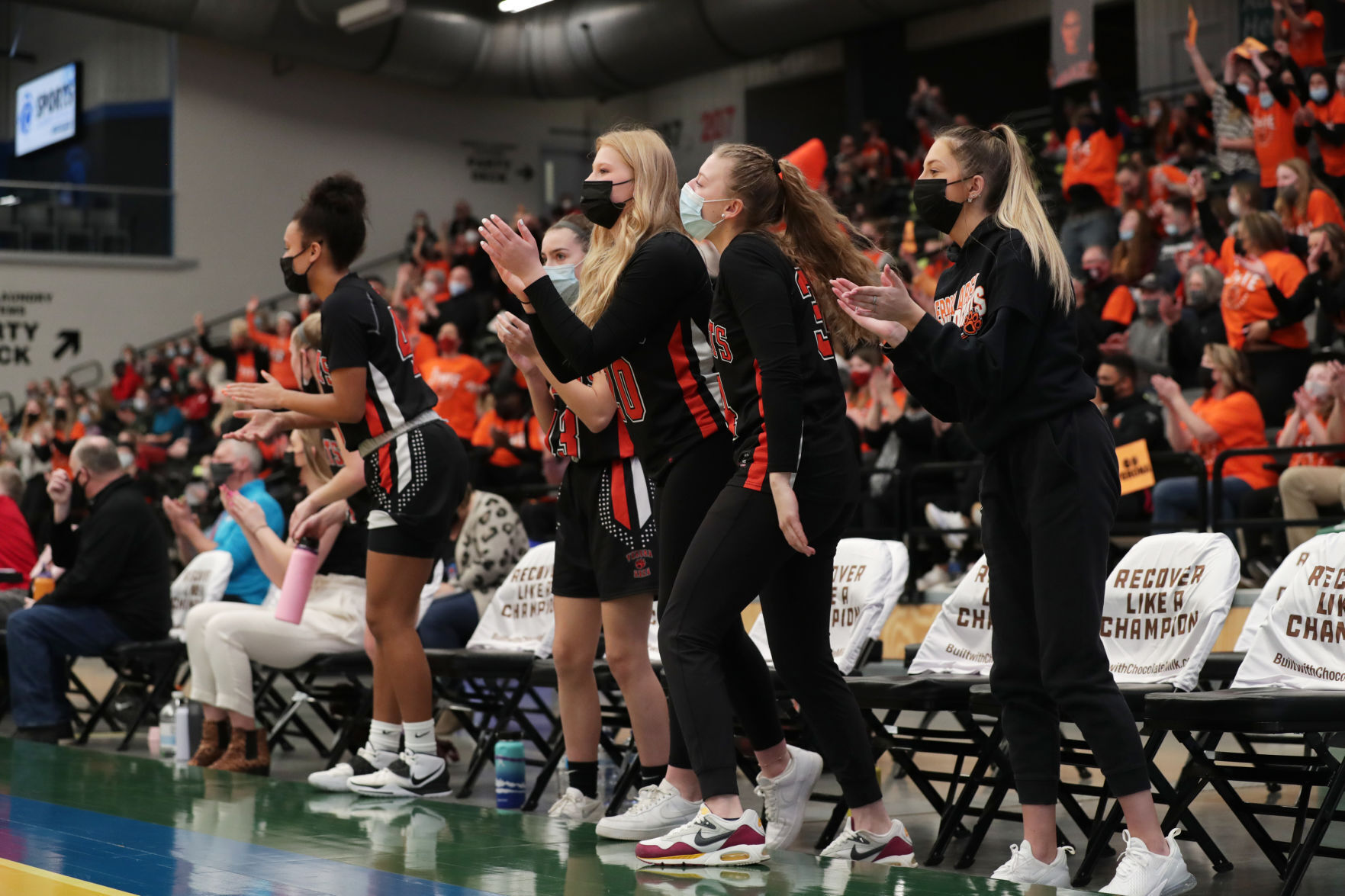 WIAA state girls basketball photo: Verona's bench players cheer on their teammates